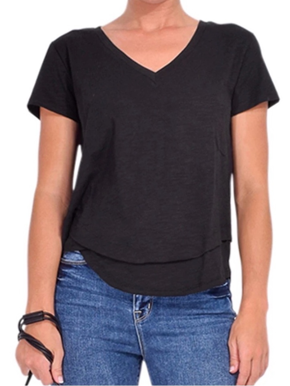 CHRLDR Ava V Neck Mock Layer Black Tee in Size S. Mock layer bottom, v neckline